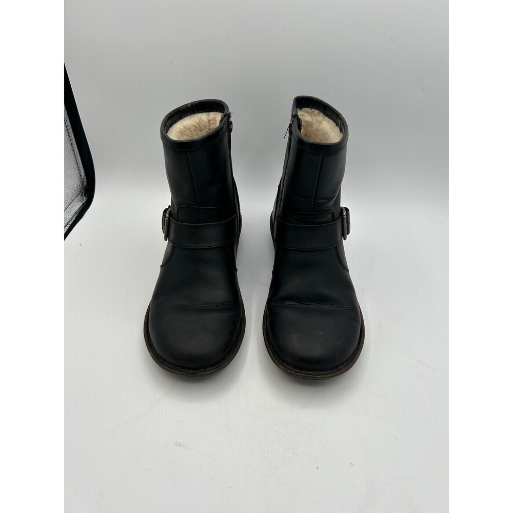 UGG Simmens Leather Boots Womens 8 Black Sheepskin Lined Moto Buckle Waterproof
